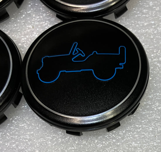 Four 64mm/2.5 inch Jeep Easter Egg Center Cap Grand Cherok Wrangler Black & Blue