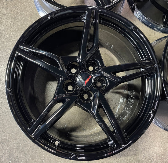 Four 2025 Chevy Corvette C8 factory 19 20 WHEELS OEM 23404163 23404154 Gloss Black