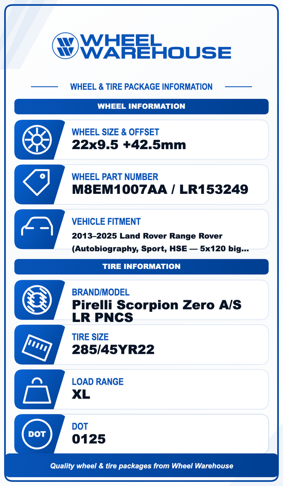 2013-2025 Land Rover Range Rover Factory 22" Machined Face Wheel Rim Tire Set of 4 OEM Original | LR153249 72372