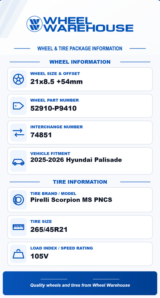 2024-2026 Hyundai Palisade Calligraphy OEM 21" Machined Face Wheel/Rim Tire Set of 4 | 52910-P9410 | 74851