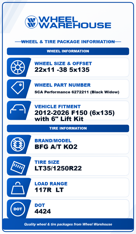 F150 SCA Performance Black Widow 22" Satin Black Wheel & Tire Set 22x11 6x135 w/ BFG KO2 LT35x12.50R22 — Take-Off