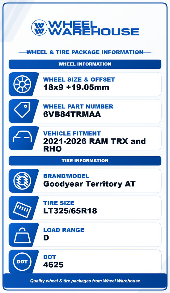Sold 2026 RAM 1500 RHO TRX OEM 18" Black Wheel/Rim Tire Set of 4 | 6VB84TRMAA Goodyear Territory AT LT325/65R18