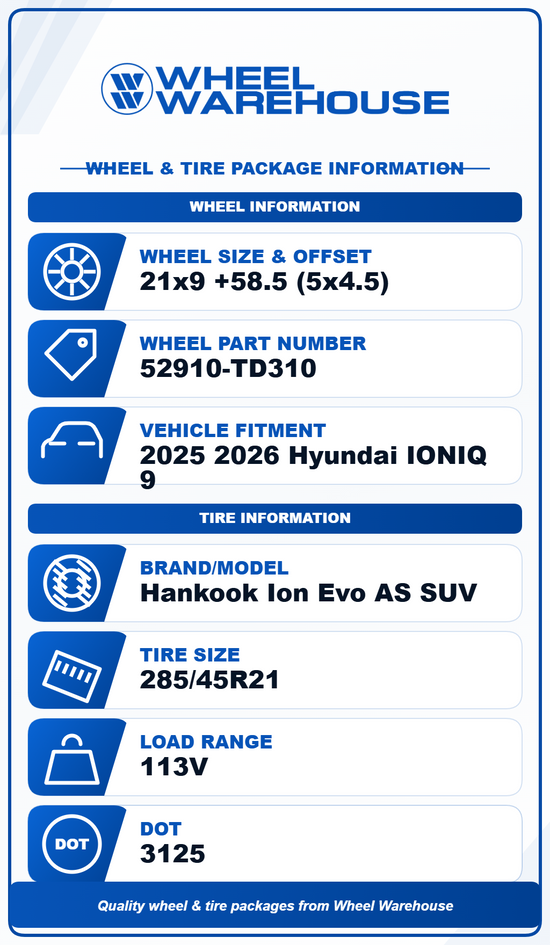 2025-2026 Hyundai Ioniq 9 21" OEM Black Machined Wheel & Tire Set 21x9.0 +58.5mm | 52910-TD310 | Take-Off