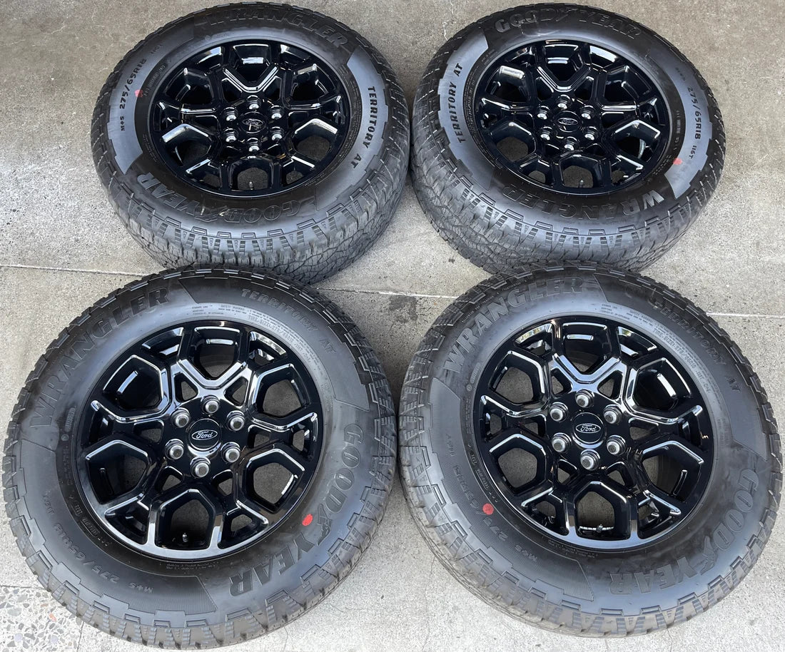 2025–2026 Ford F-150 18x8.5 Gloss Black OEM Wheel Rim Tire Set of 4, Goodyear Wrangler Territory A/T 275/65R18, OEM Part ML341007BA, Interchange 10340
