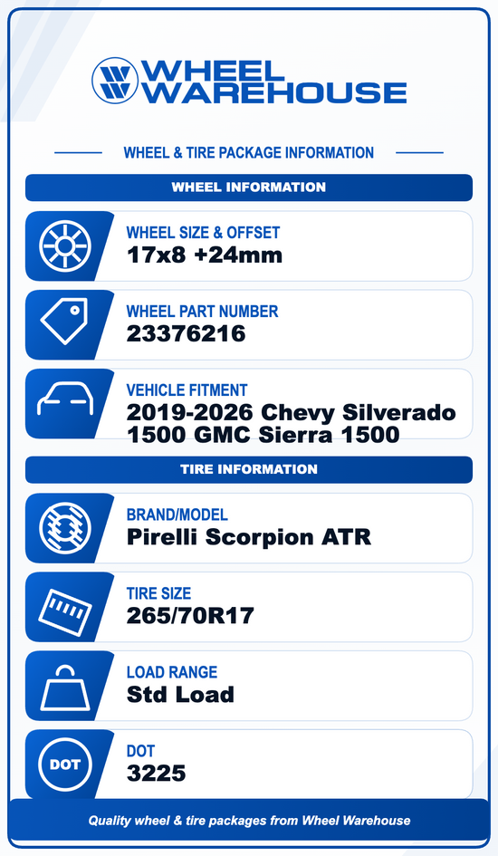 2019-2026 Chevy Silverado 1500 GMC Sierra 1500 17" Silver Wheel/Rim Tire Set 17x8 w/ Pirelli Scorpion ATR 265/70R17 — Used Wheels / Take-Off Tires (Set of 4)