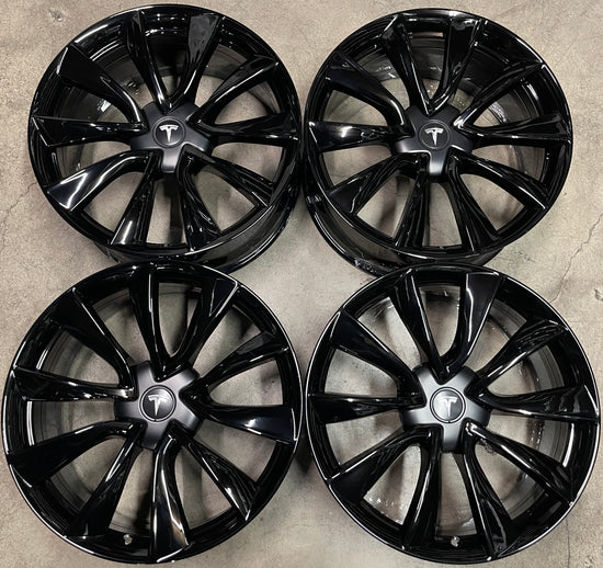 Four 2021 Tesla Model 3 Factory 20 Wheels Rims OEM 104422700D Gloss Black