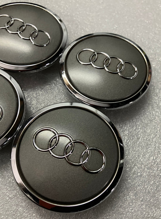 Four 2013-2018 AUDI A6 Charcoal and Chrome OEM Center Caps 8TO601170A