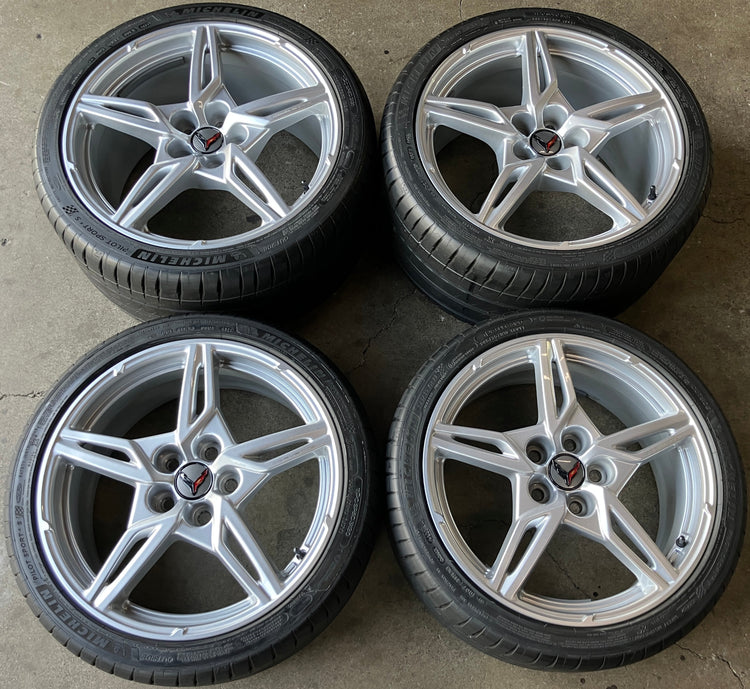 2023 Corvette C8 Factory OEM 19/20 Silver Wheel Rim Tire Set Michelin Pilot Sport 4S ZP

