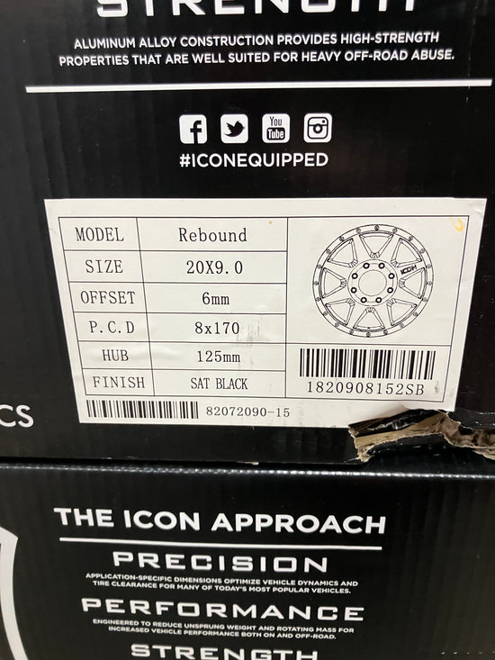 Four NEW Icon Rebound 20 Wheels F250 F350SRW 1820908152SB Black 8x170 +6 20x9
