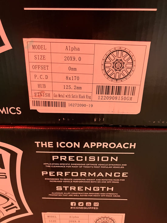 Four ICON Alpha 20 Wheels 1220908150GM F250 F350SRW Gun metal w/ Black 20x9 +0 8x170
