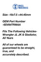Wheel Warehouse product label with size, part number, and vehicle compatibility information.