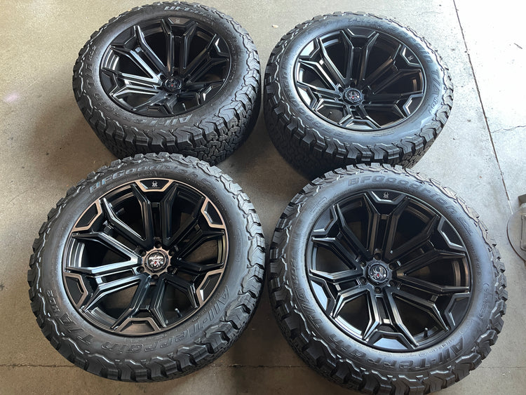 SCA Performance Black Widow 22" Satin Black Wheel & BFG KO2 Tire Set — Full Set View
