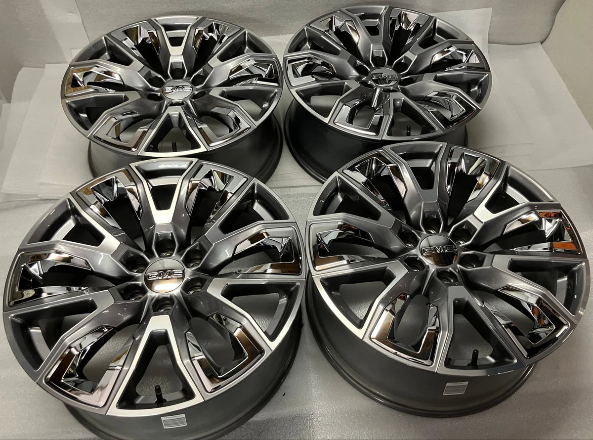 2000-2026 GMC Yukon Sierra 1500 22x9 Gray with Chrome Inserts OEM Wheel Rim Set of 4, OEM Part Number 84775276, Interchange Number 14134

