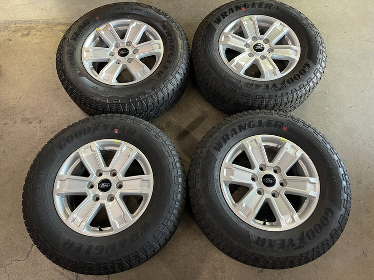 2019-2026 Ford Ranger 17x7.5 Silver Painted OEM wheel rim and Goodyear Territory AT 255/70R17 tire set of 4, N1WC1007B4A, interchange 10587
