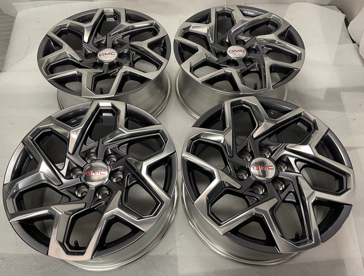 2022-2026 GMC Yukon Denali Sierra 1500 OEM 20 inch Polished Gray Wheel Rim set of 4, factory take-off wheels, 20x9, 6x139.7 bolt pattern, +28 mm offset, OEM 84604786 and 84775275, interchange 14098
