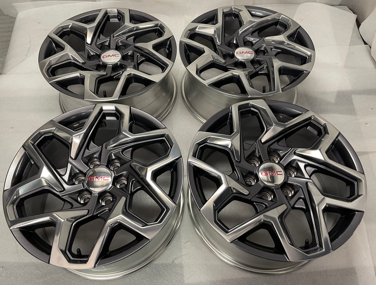 2022-2026 GMC Yukon Denali Sierra 1500 OEM 20 inch Polished Gray Wheel Rim set of 4, factory take-off wheels, 20x9, 6x139.7 bolt pattern, +28 mm offset, OEM 84604786 and 84775275, interchange 14098
