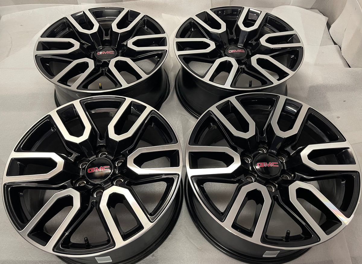 2023-2026 GMC Sierra Yukon AT4 OEM 20x9 Dark Charcoal and Machined Face Wheel Rim set of 4, used wheels with center caps, OEM 23377018, interchange 5914
