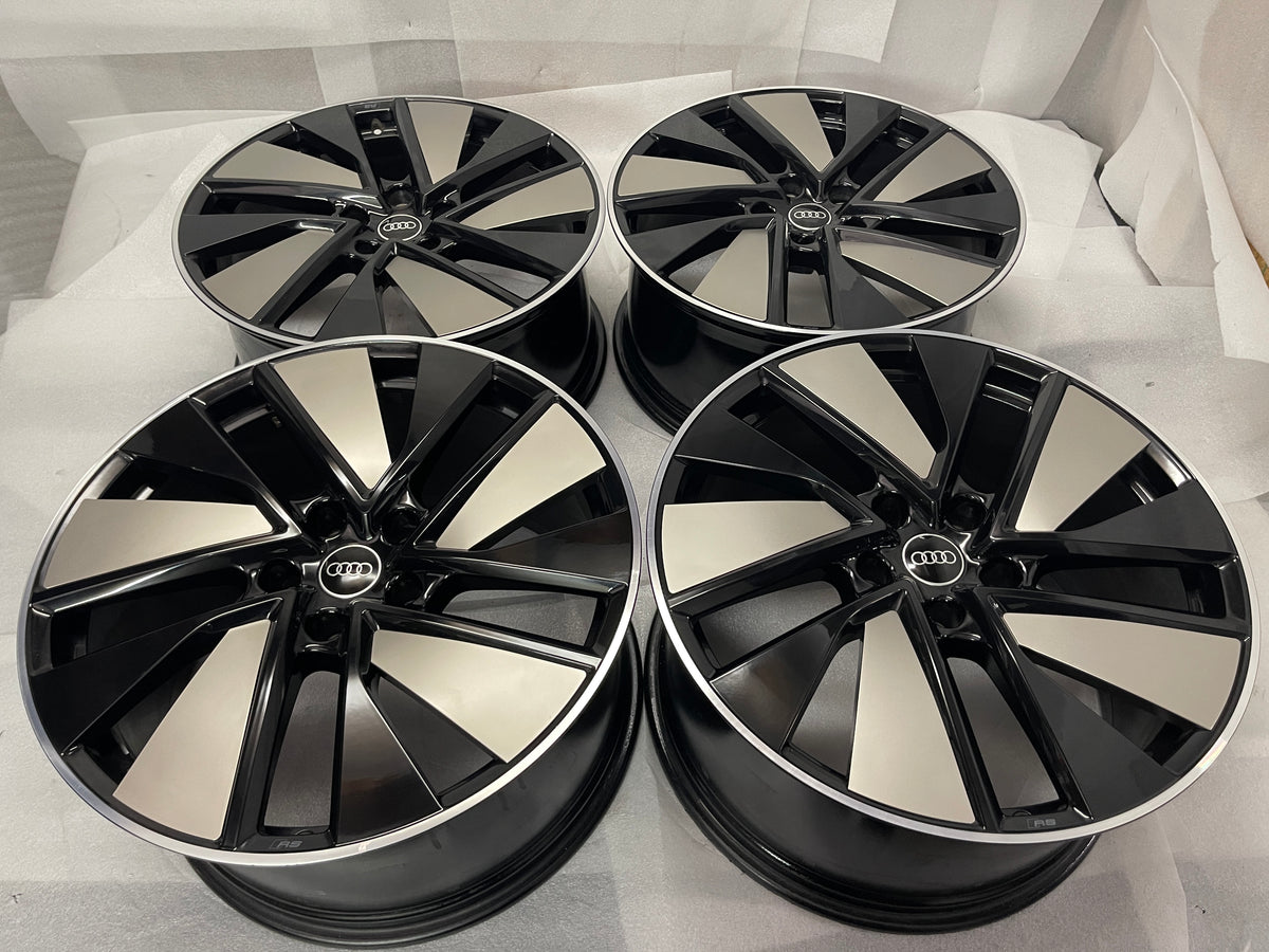 2022-2025 Audi RS e-tron GT OEM 21-inch black and silver with silver inserts staggered Wheel Rim Set of 4, 21x9.5 front and 21x11.5 rear, center caps included, OEM 4J3601025J and 4J3601025K
