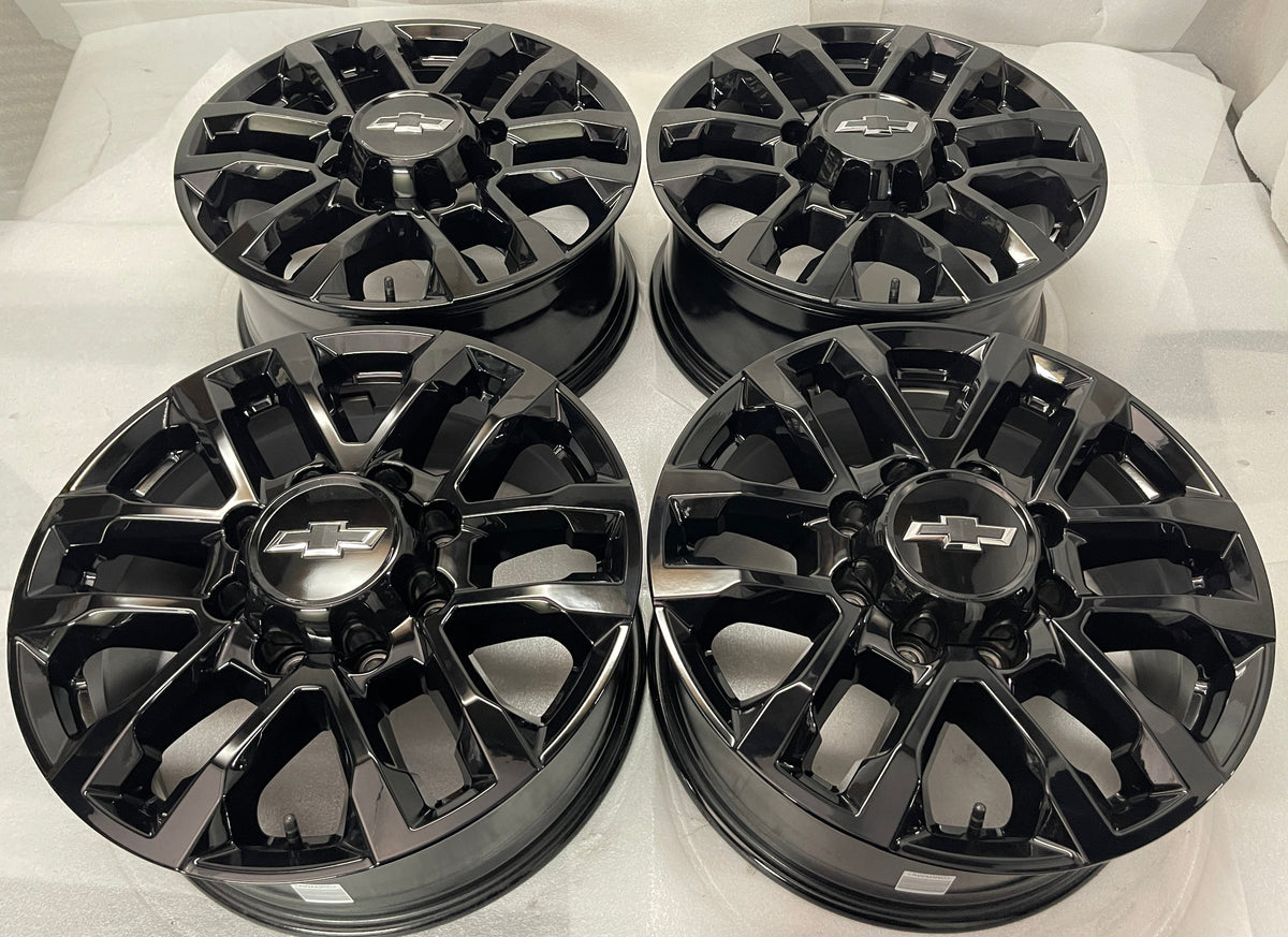 2020-2026 Chevrolet Silverado 2500HD Trail Boss OEM 20-inch gloss black Wheel Rim set of 4 with 4 center caps, 20x8.5, 8x180 bolt pattern, OEM 87847207, interchange 59191
