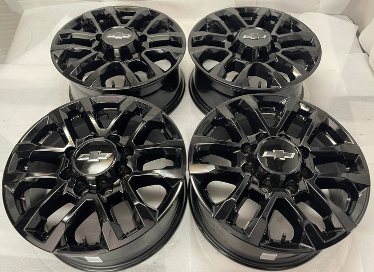 2020-2026 Chevrolet Silverado 2500HD Trail Boss OEM 20-inch gloss black Wheel Rim set of 4 with 4 center caps, 20x8.5, 8x180 bolt pattern, OEM 87847207, interchange 59191
