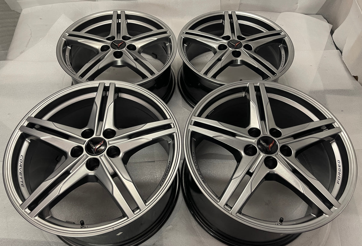 2024-2026 Chevrolet Corvette C8 OEM forged 19x8.5 front and 20x11 rear Hyper Silver Wheel Rim set of 4, OEM 84978126 and 84978127, interchange 94027 and 94028
