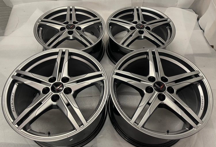 2024-2026 Chevrolet Corvette C8 OEM forged 19x8.5 front and 20x11 rear Hyper Silver Wheel Rim set of 4, OEM 84978126 and 84978127, interchange 94027 and 94028

