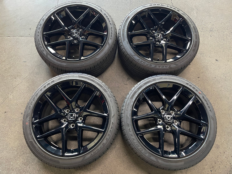 2022-2026 Honda Civic OEM 18x8 Gloss Black Wheel Rim Tire Set of 4, Goodyear Eagle Sport A/S 235/40R18 tires, OEM 42700T20A72, Interchange 60318, center caps included
