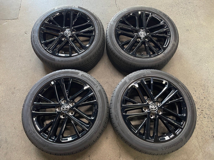 2025-2026 Toyota Camry OEM 18x8 Gloss Black Wheel Rim Tire Set of 4 wheels and 4 Continental ProContact TX 235/45R18 V-rated tires, gently used, center caps included, OEM 42611AQ030, interchange 69133C
