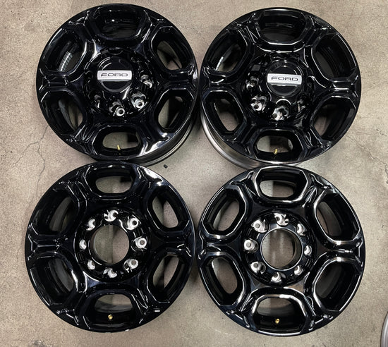 Sold Four 2024 Ford F250 F350 Factory 18 Wheels OEM Rims 10479 Gloss Black Tall rear caps