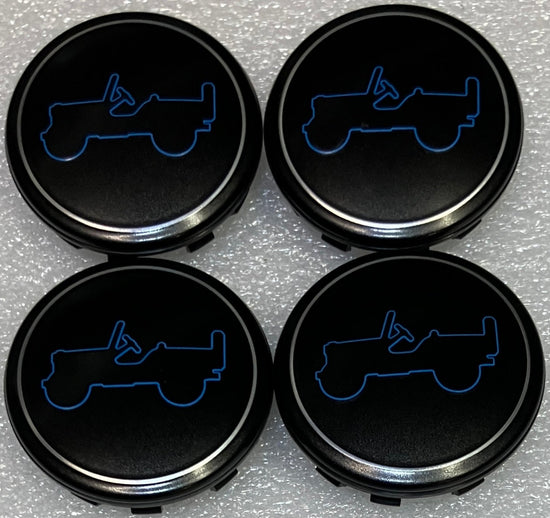 Four 64mm/2.5 inch Jeep Easter Egg Center Cap Grand Cherok Wrangler Black & Blue