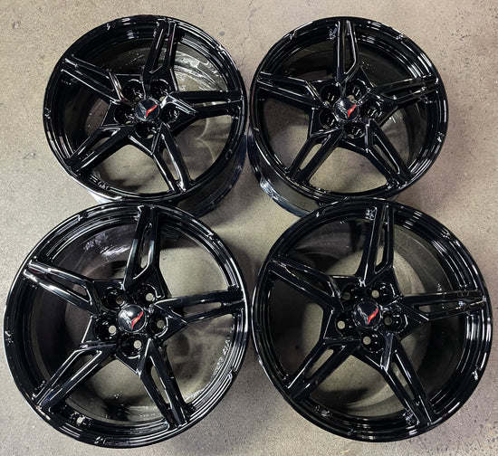 Four 2025 Chevy Corvette C8 factory 19 20 WHEELS OEM 23404163 23404154 Gloss Black