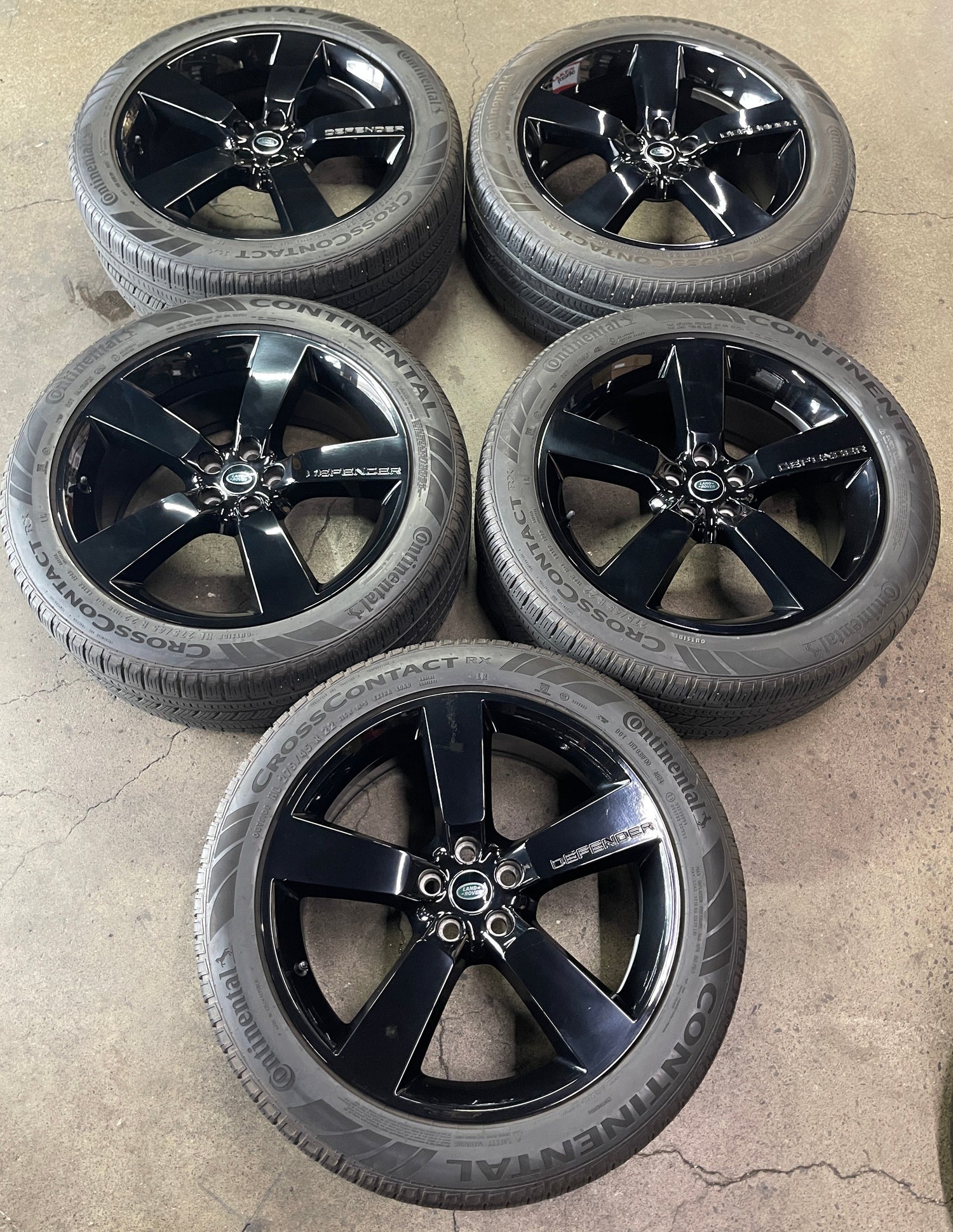 2020-2025 Land Rover Defender OEM Factory 22" Gloss Black Wheels Rims & Tires Set of 5 w/ Spare | 22x9 | 5x120 | Continental CrossContact RX LR 275/45R22