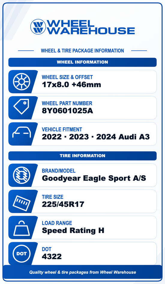 2022-2024 Audi A3 OEM 17" Silver Wheel/Rim Tire Set of 4 Original | 8Y0601025A
