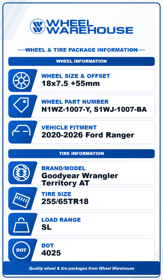 2025-2026 Ford Ranger OEM 18" Gloss Black Wheel/Rim Tire Set of 4 | N1WZ-1007-Y S1WJ-1007-BA Goodyear AT
