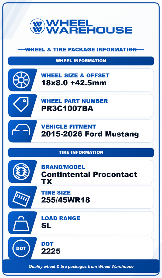 2024-2025 Ford Mustang GT OEM 18" Gloss Black Wheel/Rim Tire Set of 4 | PR3C1007BA 10593 Continental ProContact TX