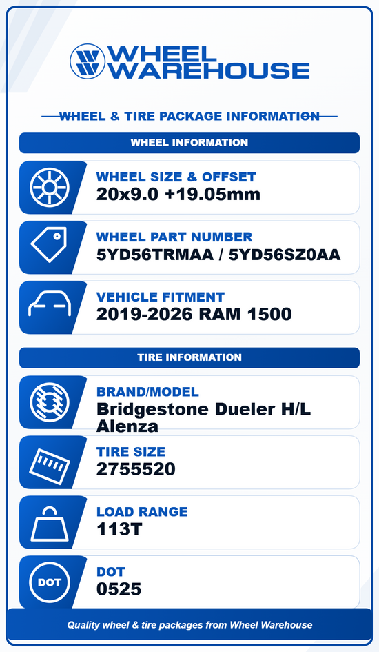 2019-2026 Ram 1500 Factory 20" Wheel/Rim Tire Set of 4 OEM Satin Black Clad Bridgestone 5YD56TRMAA 2680