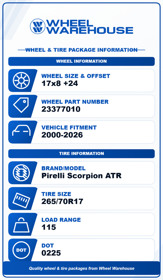 2019-2026 Chevy Silverado 1500 GMC Sierra 1500 17" Silver Wheel/Rim Tire Set 17x8 w/ Pirelli Scorpion ATR 265/70R17 — Used Wheels / Take-Off Tires